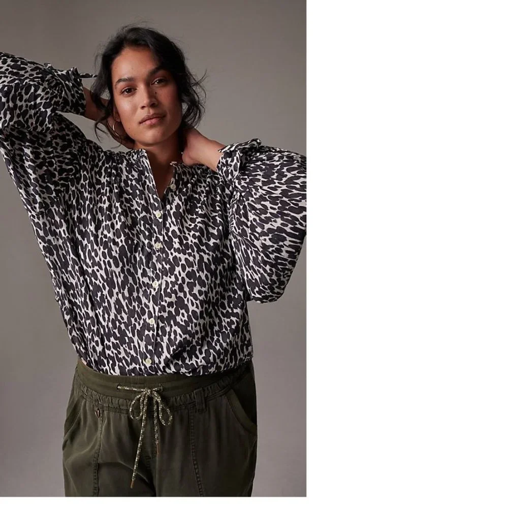 Anthropologie Maeve Blouse Ashleigh Puff-Sleeved 3x Black & White Animal Print